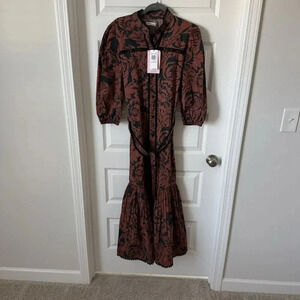 NWT Avec Les Filles Tiered Floral Print Maxi Dress, Belted, Black Brown, Size 10